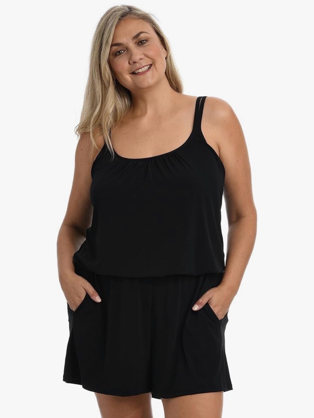 Maxine of Hollywood Black Swim Romper Blouson Plus Size 16W Modest Pockets